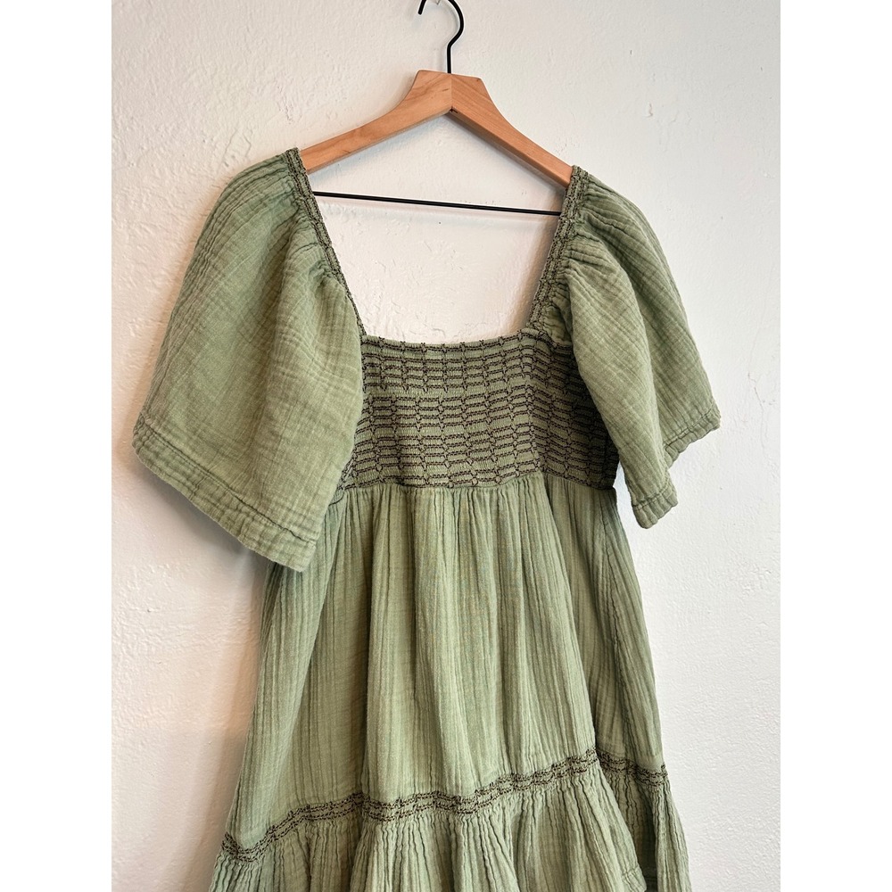 Free People Easy To Love Minidress Still Pond Green Smocked Cotton Gauze Small - Picture 3 of 5